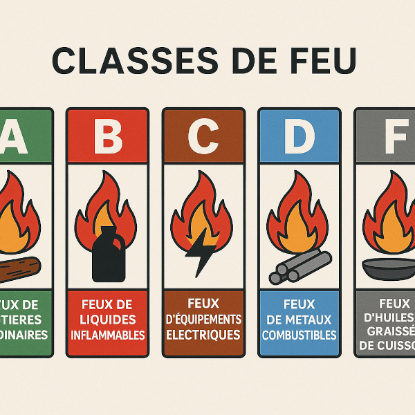 Tableau synthétique des différentes classes de feu avec pictogrammes