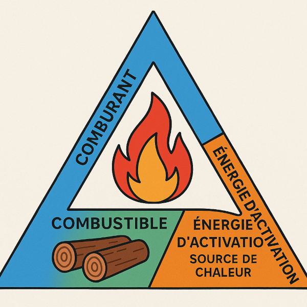 Schéma du triangle du feu montrant les 3 éléments : combustible, comburant et énergie d'activation